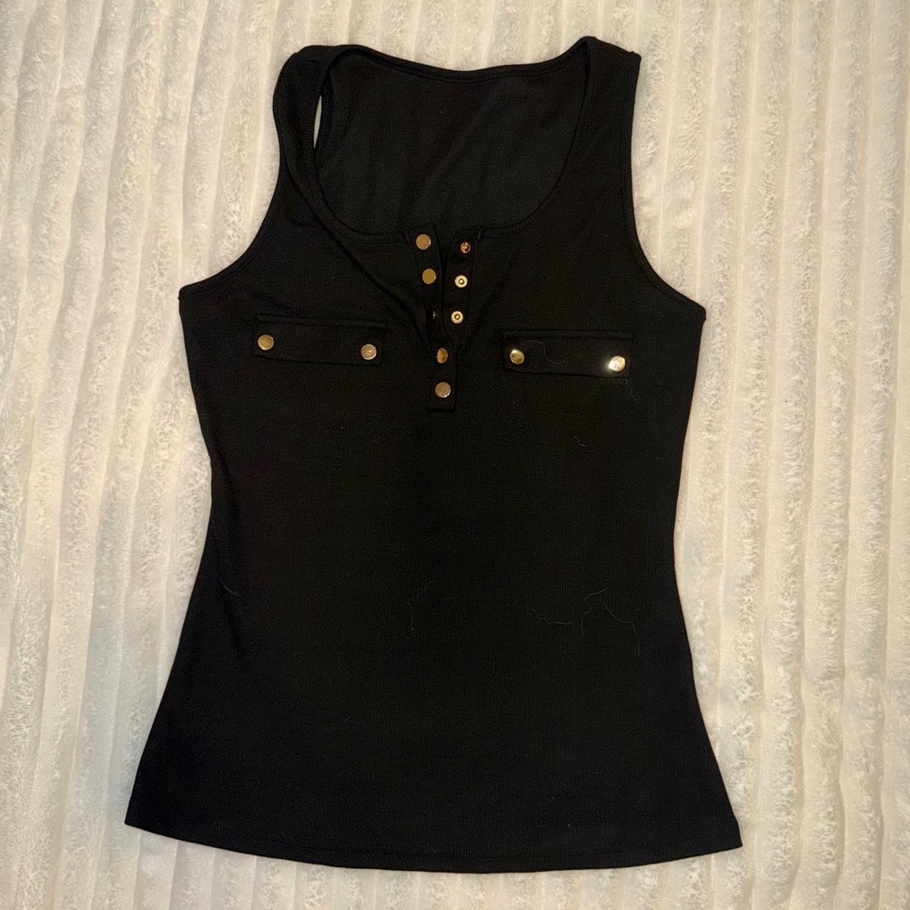 Black Sleeveless Henley Tank with Gold Button Accents